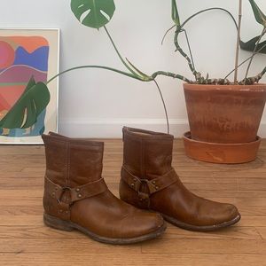Frye brown leather booties with harness